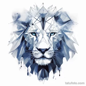 Фото тату головы льва в полигональном стиле. Изображение выполнено в синих и серых тонах с использованием геометрических фигур и брызг краски.