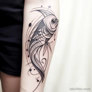 Фотография татуировки карпа кои в стиле blackwork на руке. Карп кои изображен в деталях, с использованием черных линий и узоров.