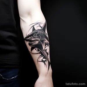 Фотография татуировки акулы в стиле blackwork на руке. Акула изображена в профиль, с открытой пастью и острыми зубами.