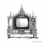 Фото тату: детализированный рисунок старого телевизора, оформленного как готический шкаф с резными элементами. Черно-белая татуировка с высокой детализацией.