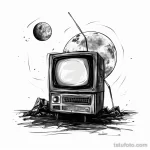 Фото тату: черно-белый рисунок старого телевизора на фоне луны и обломков. Татуировка выполнена в стиле графики с использованием штриховки.