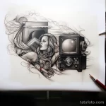Sketch of a TV with a fantasy movie scene tattoo on cff eb ae fcfdba 181123 tatufoto.com