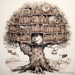 Эскиз татуировки с изображением ребенка, читающего книгу в дереве, которое превращено в библиотеку. Рисунок выполнен в детальном графическом стиле, с использованием коричневых оттенков.