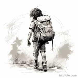 Фото тату эскиза мальчика с рюкзаком, идущего вдаль. Детализированный рисунок в стиле графики, выполненный в черно-белых тонах.