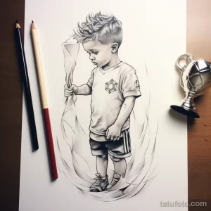 Черно-белый эскиз татуировки с изображением мальчика, держащего флаг, окруженного легкими, воздушными линиями. Детализированный рисунок.