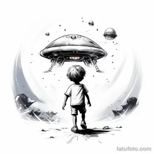 Черно-белый эскиз татуировки с изображением мальчика, стоящего перед НЛО на фоне звездного неба. Минималистичный и детализированный рисунок.