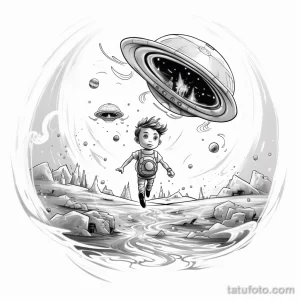 Черно-белый эскиз татуировки с изображением мальчика, бегущего по инопланетной поверхности, с летающими тарелками и горами на фоне. Детализированный рисунок.