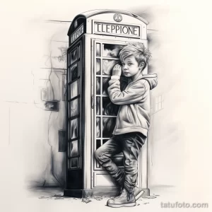 Фото эскиза тату с изображением мальчика, стоящего у старинной британской телефонной будки. Детализированная графика и реалистичные тени.