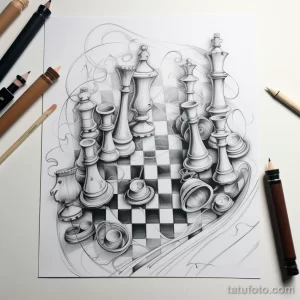 Эскиз татуировки с хаотично расположенными шахматными фигурами на фоне шахматной доски. Рисунок выполнен в черно-белой гамме.