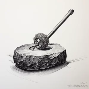 Черно-белый рисунок татуировки, изображающий швабру, расположенную на каменной глыбе. Детализированная проработка теней и текстур.