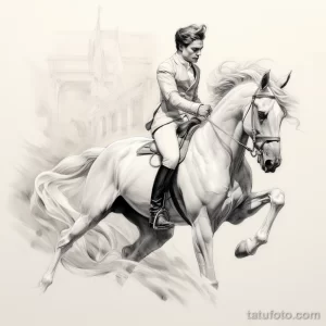 Черно-белое фото эскиза татуировки с изображением мужчины в элегантном костюме, верхом на коне, выполненного в реалистичном стиле с акцентом на детали.