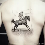 Фото татуировки с изображением всадника на лошади на фоне ипподрома, выполненной в черно-белой технике на спине. Детализированное изображение и динамичный сюжет.