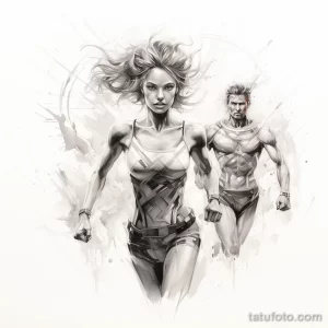 Черно-белый эскиз татуировки, изображающий бегущих мужчину и женщину, выполненный в динамичной манере с использованием брызг и линий.