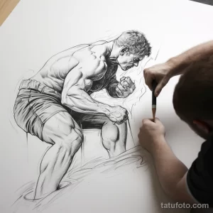 Черно-белый эскиз татуировки, изображающий боксера в момент удара. Рисунок выполнен в графическом стиле с использованием штриховки и динамичных линий.