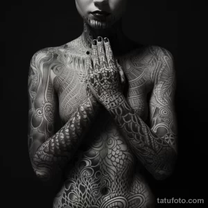 Фотография женщины с полностью покрытым татуировками телом. Сложный геометрический орнамент в стиле трайбл, охватывающий все тело, включая лицо и руки.