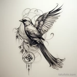 Эскиз татуировки: детализированное изображение птицы с расправленными крыльями, окруженной шестеренками и часовым механизмом, выполненное в технике графики.