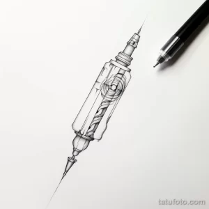 Черно-белый эскиз татуировки с изображением тату машинки, выполненный с высокой детализацией и реалистичностью, с акцентом на внутренние механизмы.