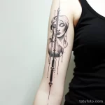 Фото татуировки на руке, изображающей тату машинку, интегрированную в портрет женщины, выполненную в черно-белой гамме с геометрическими элементами.