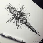 Черно-белый эскиз татуировки с изображением жука, стилизованного под механическое устройство, с множеством деталей и острых углов.