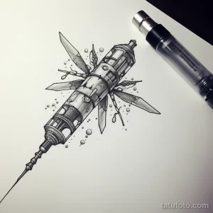 Черно-белый эскиз татуировки с изображением жука, выполненного в стиле биомеханики, с высокой детализацией и использованием тонких линий.