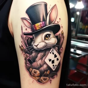 Фото тату на руке с изображением кролика в цилиндре, держащего карту и окруженного розами. Оригинальный рисунок татуировки для девушек.