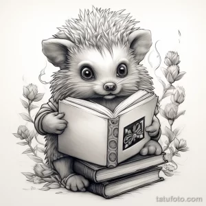 Фото тату: Черно-белая графическая татуировка ежа, читающего книгу, окруженного клевером. Детализированный рисунок.