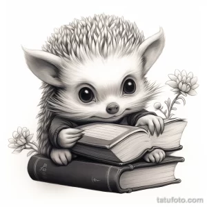 Фото тату: Черно-белая графическая татуировка ежа, читающего книгу, окруженного цветами. Детализированный рисунок.