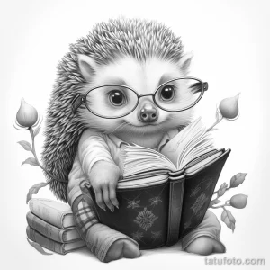 Фото тату: Черно-белая татуировка ежа в очках, читающего книгу. Детализированный рисунок с цветами.