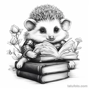 Фото тату: Черно-белая графическая татуировка ежа, читающего книгу, окруженного цветами. Детализированный рисунок.