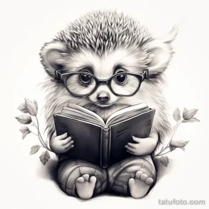 Фото тату: Черно-белая татуировка ежа в очках, читающего книгу. Детализированный рисунок с листьями.