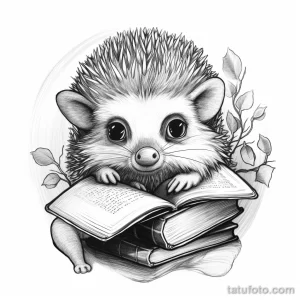 Фото тату: Черно-белая графическая татуировка ежа, читающего книгу. Детализированный рисунок с листьями.