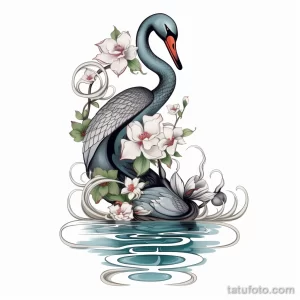 Фото тату черного лебедя среди цветов и воды. Детализированный рисунок татуировки с использованием мягких оттенков и плавных линий.