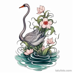 Фото тату черного лебедя среди цветов и воды. Детализированный рисунок татуировки с использованием мягких оттенков и плавных линий.