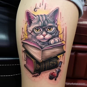Фото тату на руке с изображением котенка в очках, читающего книгу, окруженного магическими элементами. Яркие цвета и детализированная проработка.
