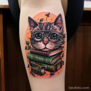 Фото тату на руке с изображением котенка в очках, читающего книгу. Мягкие цвета и детализированная проработка делают этот эскиз тату особенно привлекательным.