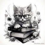 Фото тату с изображением котенка в очках, читающего книгу. Эскиз выполнен в черно-белой графике, с акцентом на детали и тени.