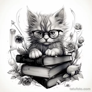 Фото тату с изображением котенка в очках, читающего книгу. Эскиз выполнен в черно-белой графике, с акцентом на детали и тени.