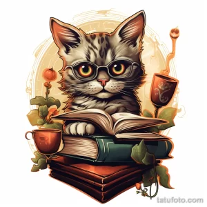 Фото тату с изображением милого котенка в очках, читающего книгу на фоне декоративного фона. Идеальный эскиз тату для любителей кошек и чтения.