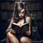 Фото тату с изображением девушки, читающей книгу в окружении книг и кота. Детализированный рисунок татуировки выполнен в реалистичном стиле.