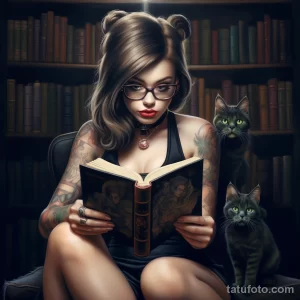 Фото тату с изображением девушки, читающей книгу в окружении книг и кота. Детализированный рисунок татуировки выполнен в реалистичном стиле.