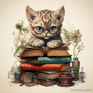 Фото тату с изображением милого котёнка в красных очках, читающего книгу. Детализированный рисунок татуировки выполнен в ярком и мультяшном стиле.