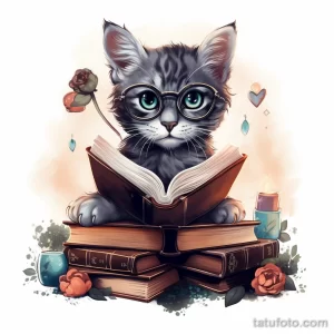 Фото тату с изображением очаровательного котенка в очках, читающего книгу. Детализированный рисунок татуировки выполнен в нежном и мультяшном стиле.