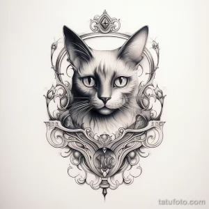 Эскиз татуировки кошки в черно-серых тонах, заключенный в сложную декоративную рамку. Детализированное изображение морды кошки и узорчатый орнамент.