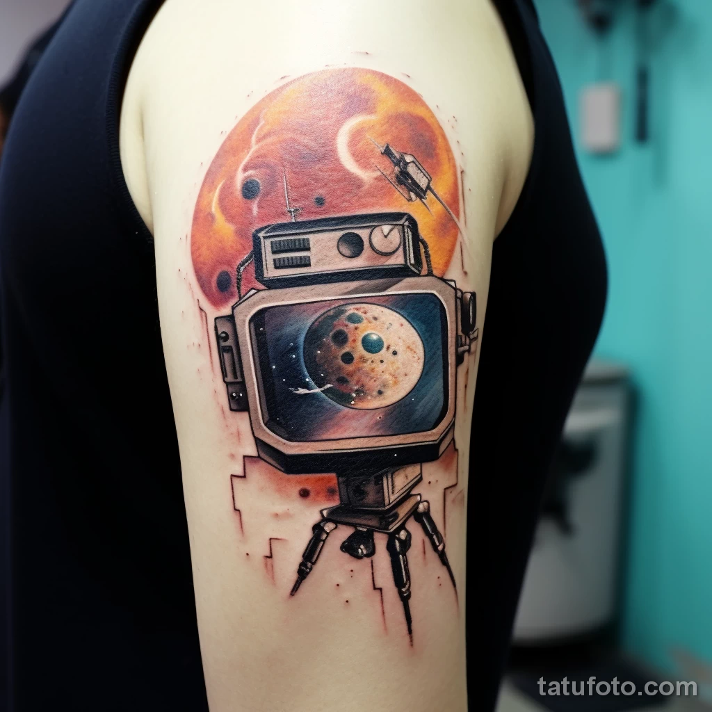Tattoo of a TV with a space scene on the screen on a fcde bf af ca 181123 tatufoto.com