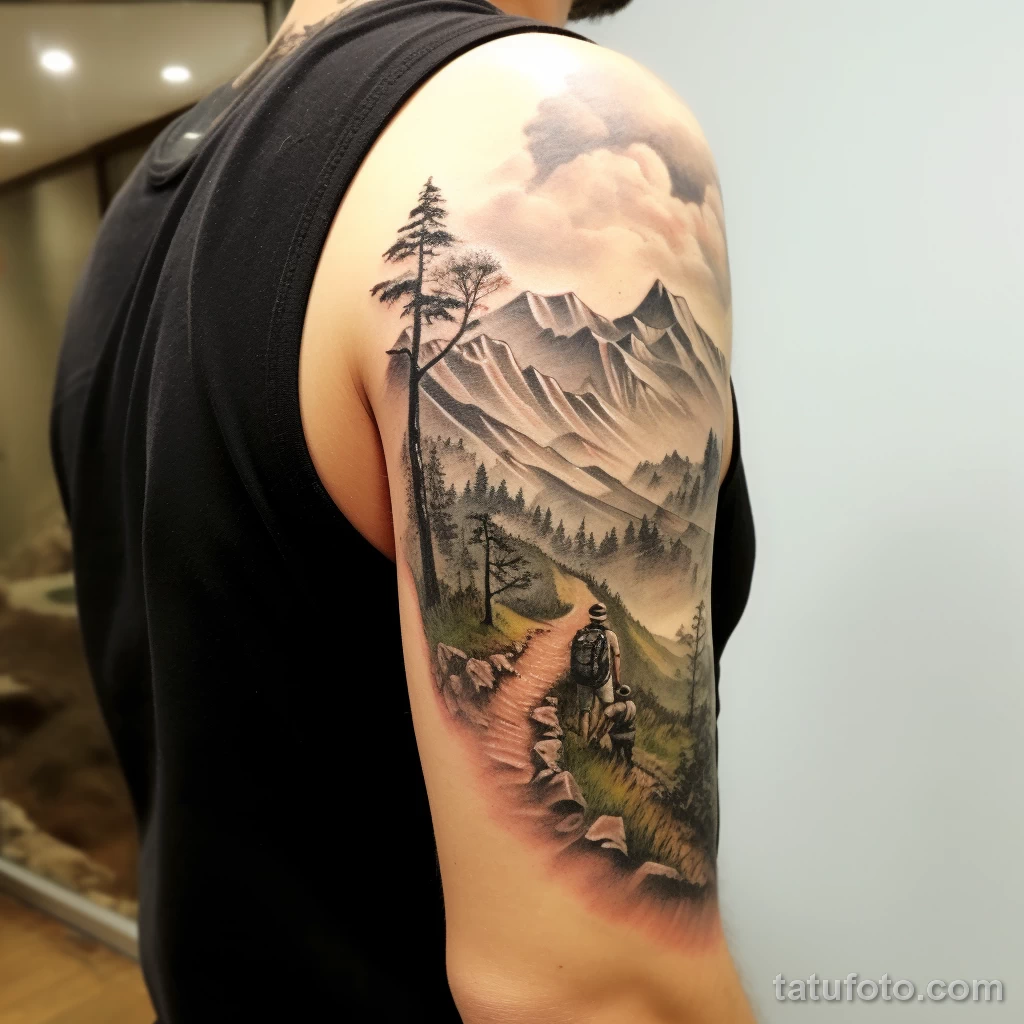 Tattoo of a hiking scene with mountains and a trail ffb e f bd dcf _1_2_3 271123 tatufoto.com