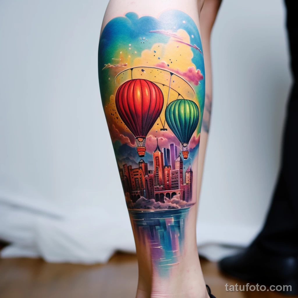 Tattoo of a hot air balloon over a cityscape on the fe e ba ab eebead 271123 tatufoto.com