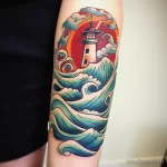 Tattoo of a lighthouse with ocean waves on the calf cc bf b f ff _1_2 271123 tatufoto.com