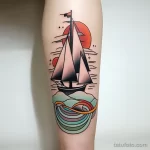Tattoo of a sailboat on the ocean on the calf tradit ce d d c aabddf 271123 tatufoto.com
