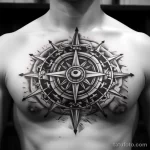 Фото татуировки на груди с изображением компаса в стиле blackwork. Детализированный рисунок с геометрическими элементами.