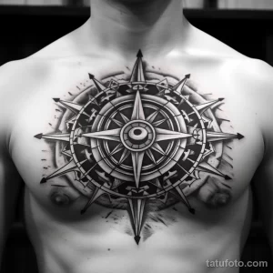 Фото татуировки на груди с изображением компаса в стиле blackwork. Детализированный рисунок с геометрическими элементами.
